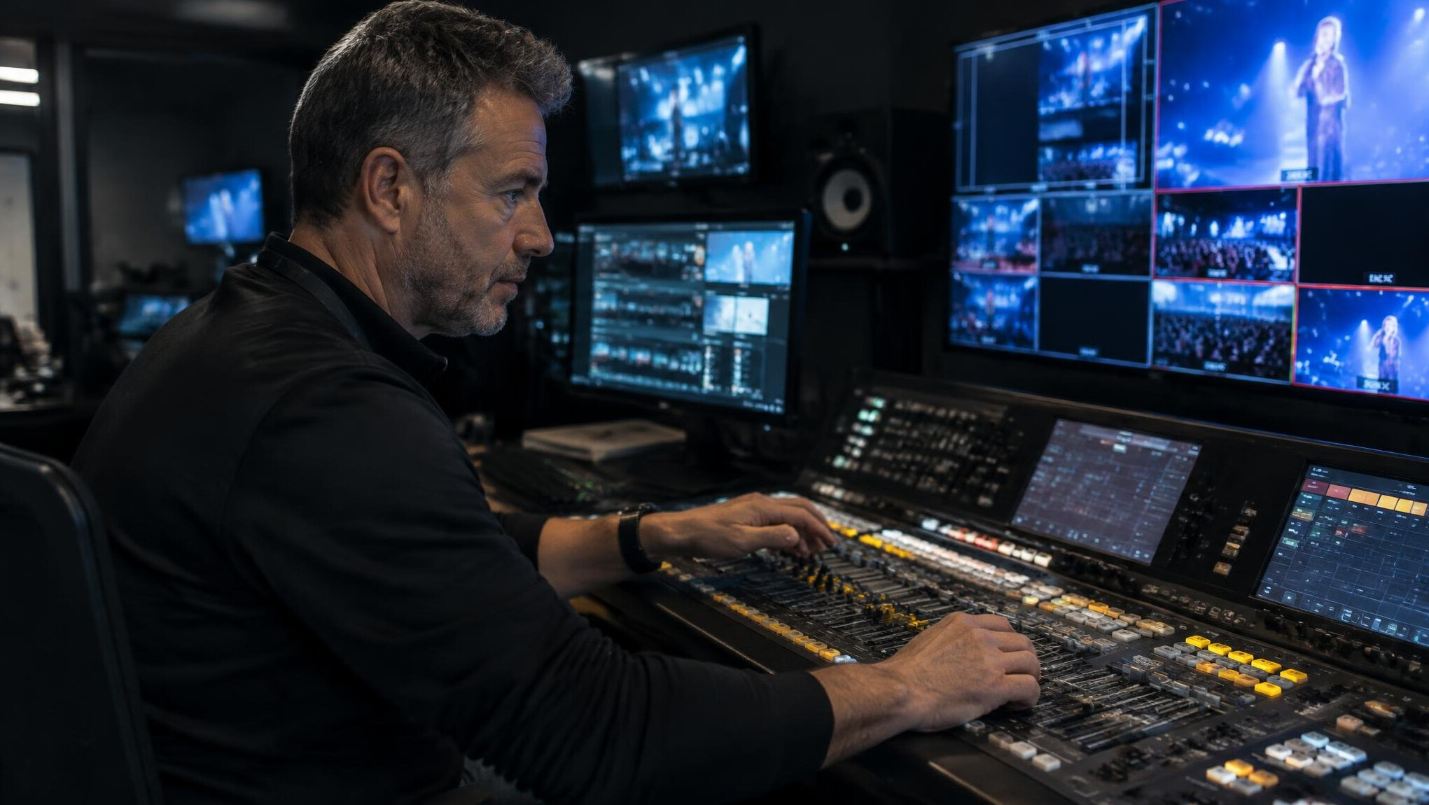 Broadcast engineer adjusting a video mixing console