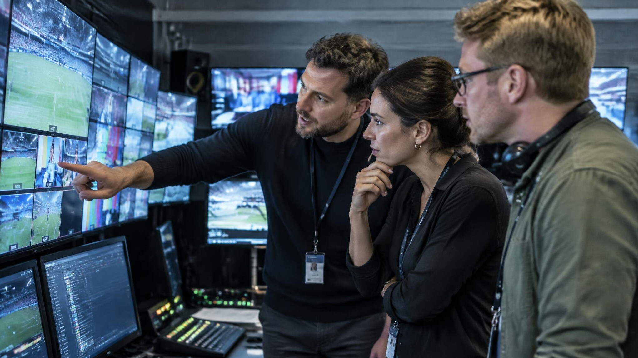 Production team reviewing live feeds together