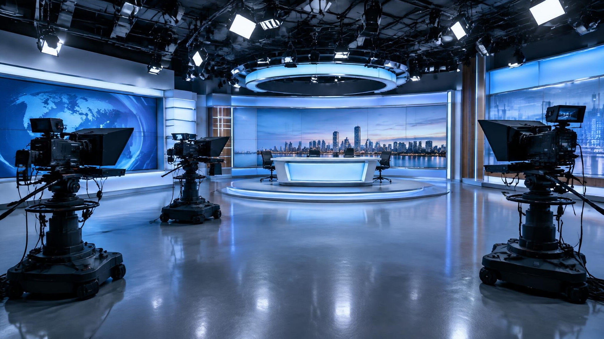 Wide view of a TV studio with cameras and lighting rigs